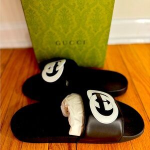 Men’s New Gucci Slides Black & White Size 9 New Napa Samoa Leather GG